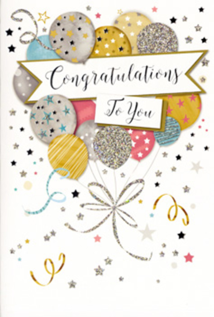An ornate congratulations card is shown standing upright, its artwork evoking the feeling of a well-planned celebration somewhere between the calm of Hackney Marshes and the bustle of nearby Hackney streets. The central image is a generous bouquet of balloons, carefully layered to create depth: some float slightly behind others, while a few sit nearer the front, all in a soft focus of champagne gold, brushed silver, sky blue, blush pink and gentle grey. Each balloon carries its own personality through pattern-sleek stripes, tiny scattered stars, shimmering glitter spots-like individual stories woven into one big achievement. Fine, metallic-looking ribbons trail from the base of the balloon cluster, swirling and looping downward in coordinated lines of gold and silver that meet in a flourish, suggesting the same attention to detail you'd see in a professionally tied bouquet from Hackney Marshes Florist. Across the centre, a wide banner unfurls with a refined Congratulations message, written in swirling script that feels both celebratory and sincere. Around this focal point, the pale background is animated by small metallic stars, confetti-like dots and curling ribbons, echoing the spontaneity of a surprise party or a toast at a local café after good news. Subtle highlights suggest areas of glitter and glossy ink that would gently catch the light, adding a touch of glamour without overshadowing the soft colour palette. The scene communicates joy, pride and appreciation, making this card a beautiful companion to fresh flowers for graduations, work successes or any personal triumph celebrated around Hackney Marshes.