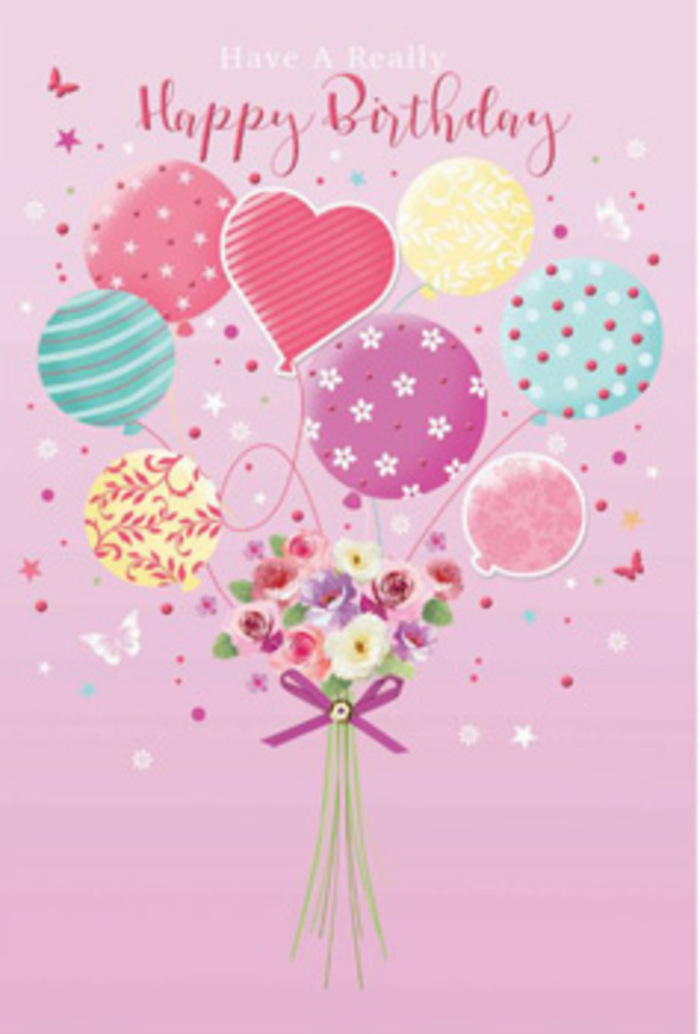 This tender birthday scene is set against a gentle pink backdrop, the colour of a calm evening sky over Hackney Marshes just before sunset. Above, a cluster of floating balloons gathers like a pastel bouquet in the air, each one painted with its own joyful personality. Soft rose pink, sea-glass green, pale sunshine yellow, and lavender hues mingle and overlap, with ribbons, stripes, floral motifs, and cheerful dots lending a sense of movement, as though a light breeze from the River Lea is catching them. At the centre, a heart-shaped balloon stands out, a quiet symbol of affection that draws the eye and anchors the emotion of the image. Beneath this airborne celebration, a compact, hand-tied bouquet of birthday flowers comes into focus. Petite roses and daisy-like blossoms unfold in creamy white, blush, and dusty mauve, their petals shaded delicately from centre to edge, as if lit by soft morning light streaming through a Hackney Wick studio window. The flowers appear freshly gathered, stems drawn together by a deep purple satin bow that glitters just enough to suggest a festive touch without overwhelming the gentle charm. Around the arrangement, tiny stars and whimsical butterflies float in the negative space, echoing the sense of a garden party lifted into the sky. The composition feels both playful and thoughtfully designed, like a card chosen with care for someone who loves East London's blend of creativity and nature. It captures the magic of a birthday wish that feels personal and cherished, much like receiving a hand-delivered bouquet from a trusted local florist who understands the rhythms and celebrations of life by the marshes.
