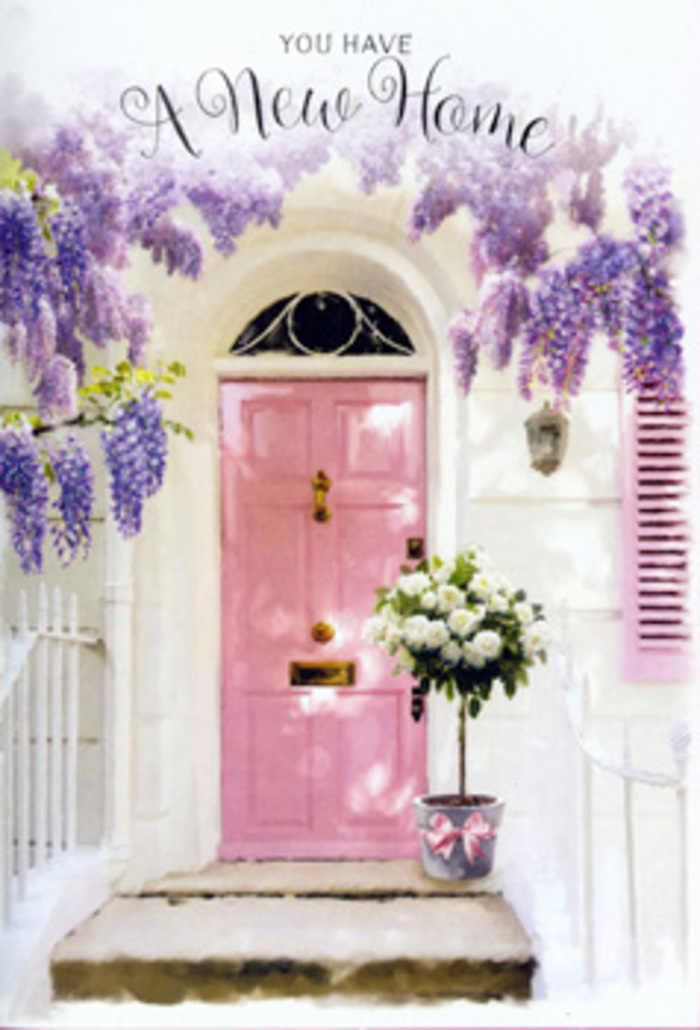 This image captures the tender excitement of arriving at a new home in Hackney Marshes, where a pastel pink front door quietly anchors the scene like a reassuring heartbeat amid urban life. The door, painted in a soft, chalky rose tone, sits between whitewashed walls and a delicate pale shutter, all of which reflect a gentle East London light that seems slightly filtered, as if through light cloud or late afternoon haze. Above and around the entrance, wisteria tumbles in rich cascades, its tiny lavender and lilac flowers forming arching veils that soften the doorway and lend it a secret-garden charm reminiscent of hidden streets off Homerton High Street. Nestled at the foot of the steps is a simple yet luxurious floral arrangement, gathered in a grey, slightly worn metal bucket that hints at a life well used. Out of it spill round, plush heads of white and cream roses, their petals velvety and layered, interspersed with sprigs of soft green foliage that curl naturally outward, drawing the eye down to the pink satin ribbon tied around the bucket's base. That ribbon, in a blush hue that almost perfectly matches the door, creates a sense of intention and care, like the finishing touch a local florist adds just before delivering to a new build overlooking the marsh. You can almost imagine the gentle mingling of scents: the sweet, faintly honeyed perfume of the roses, the cooler, powdery fragrance of the wisteria, and the clean air that drifts across the open green spaces. The overall impression is one of gentle optimism and cosy welcome, a floral snapshot of what it feels like to turn a key for the first time and step into a place that is finally your own.