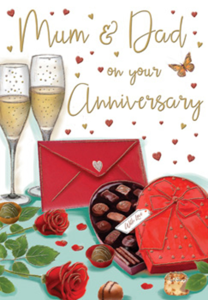 The anniversary card illustration presents a richly detailed celebration scene, rendered with the warmth and intimacy of a family gathering in a cosy Hackney Marshes home. Dominating the background are two tall champagne flutes, their slender stems and delicate rims drawn with crisp lines. Each glass is filled with sparkling golden champagne, the bubbles suspended mid-rise, creating a sense of movement and anticipation as though Mum & Dad are about to raise a toast. In front of the glasses, a heart-shaped chocolate box sits proudly, its deep red lid tipped open to reveal an array of carefully shaded chocolates, each one distinct, suggesting truffles, caramels, and pralines waiting to be savoured and shared. A sumptuous red bow, tied at the centre, cascades across the box with a soft, satin-like sheen. Nearby, two red roses lie gracefully on the table, their petals layered and plush, framed by fresh green foliage that looks as if it has just been selected from a florist's bucket ready for same-day delivery around Hackney Marshes. A couple of loose chocolates rest casually on the tabletop, inviting a moment of indulgence between sips of champagne. Above, small crimson and gold hearts float freely across the design, surrounding hand-lettered words dedicated to Mum & Dad, lending the card a tender, family-focused charm. To one side, a vivid scarlet envelope, sealed with care, hints at a heartfelt note full of memories and gratitude. The colour palette-crimson, gold, rich chocolate browns, and lush greens-works together to create a mood of love, nostalgia, and celebration, recalling anniversaries marked with flowers, sweets, and softly spoken toasts near the peaceful paths of Hackney Marshes.