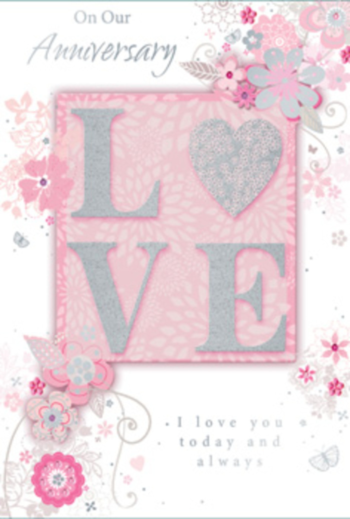 The anniversary card in this image feels like stepping into a tranquil, sunlit room in Hackney Marshes where love is quietly cherished every day. Dominating the centre is the word LOVE, each letter raised from the surface and finished with a frosted glitter effect that glows in tones of soft blush and silvery white. The texture appears delightfully touchable, as if light brushing fingers over the letters would echo the sensation of tracing the edges of a fresh rose petal. Around this central word, a gentle halo of pale pink and ivory creates a serene backdrop that calls to mind morning light filtering over the neighbouring marshland.   

Framing the word are wispy, hand-drawn blooms and slender sprays of foliage, drifting along the borders of the card. These flowers are illustrated in fine lines of grey and silver, their petals shaded in blush, lilac-tinged pink, and soft ivory, blending together like a carefully curated pastel bouquet. Tiny flourishes-curled tendrils, dainty leaves, delicate filigree loops, and almost-hidden butterfly shapes-appear to flutter across the surface, adding a sense of hushed movement. The style suggests the thoughtful planning of an experienced florist, mapping out a hand-tied arrangement for an intimate anniversary celebration at home near the River Lea.   

Nestled among the floral artwork is a tender message, I love you today and always, rendered in understated yet graceful lettering. The script flows calmly, inviting the reader to pause, breathe, and remember shared milestones. Overall, the card feels like a bouquet translated into paper-soft, romantic, and timeless-ideal to accompany anniversary flowers ordered from Hackney Marshes Florist for same-day delivery to local homes and cosy canal-side apartments.