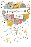 This congratulations card appears like a miniature celebration framed in cardstock, the kind of thoughtful detail you might send to mark a proud moment for someone living near Hackney Marshes. Dominating the design is a joyful bouquet of balloons, gathered tightly together in shades of warm gold, cool silver, champagne, light blue, dusty pink and soft grey. Each balloon is meticulously decorated with fine patterns-twinkling star clusters, narrow bands, glitter-infused speckles-creating a sense of depth and sparkle that feels like party lights reflected in evening windows along the Lea Bridge Road. Slender strings in gleaming gold and silver tumble down from the balloons, curling and intertwining in decorative loops that mimic the graceful drape of gift-wrap ribbon. A gently curved banner stretches across the middle, bearing the words Congratulations To You in elegant, flowing calligraphy, the lettering wide and confident, as though spoken with genuine admiration. Around this central arrangement, the soft, neutral background is scattered with tiny metallic stars, curled ribbon shapes and confetti-like dots, giving the illusion of movement and laughter frozen in time. Hints of glitter and glossy ink suggest a slightly raised, textured finish that would feel special under your fingertips, turning the card into a keepsake rather than a simple note. The overall mood is airy yet meaningful, perfectly suited to celebrating a significant achievement-from exam results to new jobs and promotions-and pairs beautifully with a bouquet delivered across the Hackney Marshes neighbourhood.