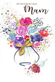 This Mother's Day card design captures the exuberance of a freshly gathered bouquet, interpreted in loose, fluid watercolour strokes that feel right at home with the open skies and greenery around Hackney Marshes. Rich purples, velvety magentas, and lively pinks form the heart of the arrangement, each bloom loosely defined with bold indigo outlines that suggest petals in full, generous bloom. Around them, softer notes of lavender, sky blue, and warm peach drift in gentle washes, blending at the edges like petals brushed by light rain. Delicate glints of gold trace certain contours and scatter in tiny dots, as though the flowers have been dusted with sunlight or confetti after a celebration. The bouquet rises from a rounded, subtly painted vase that curves gracefully at the base, tied with a small golden bow echoing the finishing touch you might see on a hand-tied gift delivered to a doorstep near Clapton or Leyton. The background remains mostly white, allowing splashes of colour and tiny heart shapes to float freely around the flowers, giving a sense of air, space, and quiet joy. The overall feel is both festive and intimate, as if the painter captured the exact moment someone decided to honour their mum with something beautiful. Though the image is still, the brushwork suggests movement-petals almost trembling with emotion-creating a card that feels like a soft-spoken yet heartfelt thank-you, ready to travel from Hackney Marshes to any home where a mother is cherished.