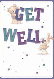 Radiating playful optimism and gentle assurance, this illustrated get well card features two endearing friends-a teddy bear and a floppy-eared puppy-balancing bright, bold letters that spell out 'Get Well' with cheerful energy. Against a soft cream background, striking indigo and teal typography draws the eye, while sparkling stars in hues of blue and purple scatter across the scene, infusing it with a sense of wonder and encouragement akin to the first wildflowers of spring along Hackney Marshes. The bear's plush fur and the puppy's soft, inviting ears are so masterfully depicted they seem nearly touchable, providing a comforting presence designed to ease worries and spark smiles. Every element of the illustration, from the rounded friendly faces to the playful starbursts, feels carefully chosen to foster recovery and warmth, reminiscent of receiving a thoughtfully prepared bouquet from a neighbourhood florist. This card, much like a fresh floral arrangement delivered to Stoke Newington or near Hackney Wick, brings a message of pure kindness-an uplifting remedy for anyone in need of a little extra care.