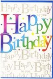 This birthday card design radiates easy, modern festivity, the kind of vibrant greeting a customer might choose on the way to a party near Hackney Wick or the edges of Hackney Marshes. The phrase Happy Birthday stretches boldly across the front in large, smooth letters that seem to float above the card's surface. Each letter is dressed in a unique shade, progressing through a full rainbow-from lush berry reds and vivid pinks to deep ocean blues, sea greens, fresh lime, and warm, sunlit yellows. The colours shift softly within each letter, creating a gentle gradient effect that feels painterly and fluid, like petals blending together in a colourful hand-tied bouquet. The background is a pale cream, clean and soft, lending calm to the energetic lettering. Layered over this backdrop, delicate lines of golden cursive script repeat the words Happy Birthday to you, marching diagonally across the card. The handwriting has a relaxed, looping style, as though someone has lovingly written the wish again and again. In the light, the gold ink glints in a subtle, refined way-more like the quiet sparkle of evening light on the Lea than loud glitter. Small star-like flecks and hints of shimmer appear around the main words, suggesting a sprinkling of party confetti while still keeping the overall design tidy and sophisticated. The card carries a bright, upbeat mood, perfect for anyone who loves colour and cheerful design. It feels suited to birthdays celebrated with friends, homemade cake, and relaxed gatherings, turning a simple paper card into a little keepsake of a happy day.