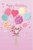 A whimsical birthday design unfolds like a daydream above Hackney Marshes, painted on a background of muted pink that feels as soft as early morning mist over the playing fields. At the heart of the image, a floating bouquet of balloons rises upward, transforming the sky into a pastel celebration. Each balloon is unique-some twirl with candy-stripe ribbons, others are sprinkled with playful polka dots or delicate floral patterns. Shades of baby pink, sea green, lemon yellow, lilac, and lavender blend and overlap, their surfaces gently glossy as though just catching the light that falls across the marsh paths and waterways. Nestled among them is a heart-shaped balloon, glowing like the tender centre of a birthday wish. Below this airy cluster, a hand-tied bouquet of fresh flowers gathers all the colours into one harmonious base. Small roses, daisy-like blooms, and anemone-style flowers nestle together in ivory, blush pink, and soft mauve, their petals layered and feathery, inviting the imagination to sense a clean, sweet fragrance. The stems are gathered neatly with a violet satin bow, whose subtle sparkle suggests the same care a local florist gives when preparing birthday deliveries for homes around Homerton, Clapton, or the quiet residential streets near the marsh. Scattered stars and butterflies drift through the design like confetti caught on the wind, adding a touch of fairytale charm. Overall, the artwork feels light, hopeful, and utterly celebratory-a visual expression of a birthday spent in good company, with flowers, balloons, and the open East London sky above.