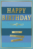 This elegant birthday card is captured as if set on a neat sideboard in a Hackney Marshes home, its calm palette offering a moment of stillness in the middle of a busy day. The entire front is covered in broad, horizontal bands of blue, graduating smoothly from deep navy at the top through mid-blue and teal into softer sky shades below. The bands read like layers of mist drifting over the marshes at dawn. In the centre, the phrase HAPPY BIRTHDAY appears in proud, embossed gold capitals, the metallic surface reflecting light with a soft, luxurious glow. The letters are clean and modern but carry a timeless dignity, inviting the eye to rest there. Directly below, a single golden flourish curves gracefully from side to side, acting as a decorative bridge between the main header and the warm, conversational line beneath. Three thin, gold banners sit one under another, each with part of the message etched into the shiny surface: Relax, have a great day and enjoy! Their alignment is precise, adding to the quietly ordered feel of the design. A narrow gold frame runs around the perimeter, enclosing the graduated blues and tying all the gleaming details together. The card's base appears smooth and matte, absorbing the light, while the gold accents glint softly, giving depth and texture. It feels like the kind of card you'd set next to a thoughtfully arranged birthday bouquet from a trusted local florist, ready to surprise someone in Hackney Marshes with wishes that are not only happy, but genuinely restful and heartfelt.