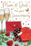This anniversary card artwork captures a luxurious moment of togetherness, arranged like a romantic table setting that could easily grace a quiet evening celebration in a Hackney Marshes living room. At the heart of the composition, two champagne flutes stand close together, slender and sparkling, each filled with golden bubbly that rises in fine, effervescent trails. In front of them, a heart-shaped chocolate box, painted in rich red hues, lies open to reveal rows of detailed chocolates, their smooth, rounded tops shaded to suggest indulgent, melt-in-the-mouth centres. A dramatic red ribbon, tied into a generous bow, wraps around the box, its folds catching the light with a silky sheen. To one side, two red roses rest on the tabletop, their petals deep and velvety, surrounded by glossy green leaves reminiscent of the fresh stems a local florist might choose for anniversary flowers delivered around Hackney Marshes. A few loose chocolates are scattered around, adding a relaxed, inviting feel, as if someone has just started to enjoy the treats. Across the background, tiny gold and crimson hearts drift like confetti, framing a handwritten-style message for Mum & Dad, which gives the illustration a warm, affectionate, family-centred tone. A bold scarlet envelope lies nearby, perfectly sealed, suggesting a private love note or family card waiting to be opened. The harmonious blend of ruby red, soft gold, chocolate brown, and lush green creates an atmosphere of cosy luxury and enduring love, evoking memories of anniversaries celebrated at home with flowers, chocolates, and gentle conversation after walks along the nearby marsh paths.